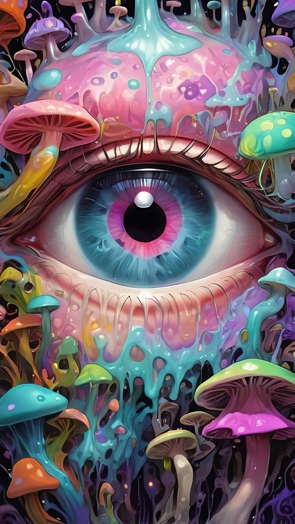 Prompt: Psychedelic, weird, surreal, bizarre, ineffable, numinous, lots of crazy weird inhuman psychedelic trippy eyes, melting, trippy, reality breaking down, hallucinations, drippy, dissolutionment, blobs,atoms, electrons, mushrooms, fractals, multidimensional, oozing, oridescent pastel colors,psychedelic hyper realism, ultra high resolution, surreal, digital art, intense lighting, bright pastel hues, abstract, confusing, looking at you, ultra detailed textures