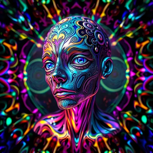 Prompt: A multifaced humanoid figure with kaleidoscopic eyes and fractal, iridescent skin, floating in a prismatic void. The body is layered with holographic drips, oil-slick textures, and liquid rainbow surfaces. Optical illusion patterns—black-and-white moiré and vibrant colored spirals—wrap around the figure, blending with glowing Mandelbrot fractals and sacred geometry. Recursive features repeat through the design: eyes within eyes, faces within faces, spiraling endlessly. The lighting glows from within the being, casting soft chromatic fog and subtle strobe shadows. Framed in a warped, kaleidoscopic close-up composition, with orbiting shards and fractal symmetry. Digital surrealism, glitchcore, sacred-tech aesthetic.