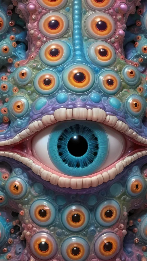 Prompt: an extremely hyper realistic ultra super textural weird trippy surreal psychedelic entity, Lyapunov Fractals, apollonian gaskets, catenoids, white, translucent, clear, bright bright pastel colors, oil slick rainbow sheen effect, lots and lots of light, lots of crazy colorful compound psychedelic human eyes, rows of human teeth, fungus, atoms, diatoms, enneper sufaces, apollonian gaskets, Lyapunov Fractals 