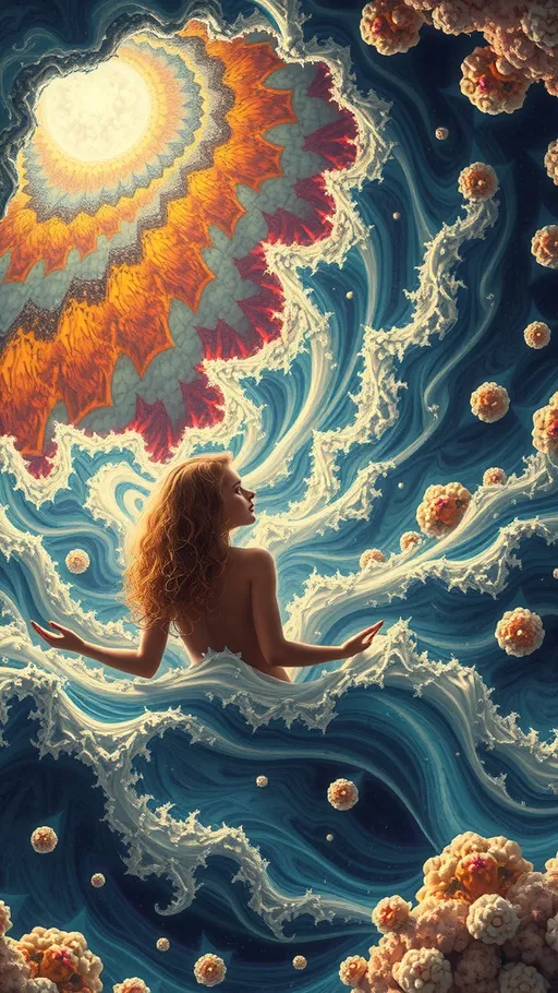 Prompt: A psychedelic ego death experience. A girl with long blond curly hair on psychedelics experiencing “ego death”, hallucinating herself in a fractal “storm”- angry fractals form clouds, wind and rain, whipping, beating the girl mercilessly until she blacks out and finds herself, drowning in an infinite swirling subterranean underground angry chaotic roiling ocean of pure fractals geometry.  melting into and becoming fractals- She melts, and becomes one with the ocean, becoming fractals herself and experiencing being one with everything in the universe, seeing it all from every point of view, before forming into human again over and over. Fractal geometry ocean, waves, currents, riptide, flowing, churning, underground cave, she is lying in bed the whole time 