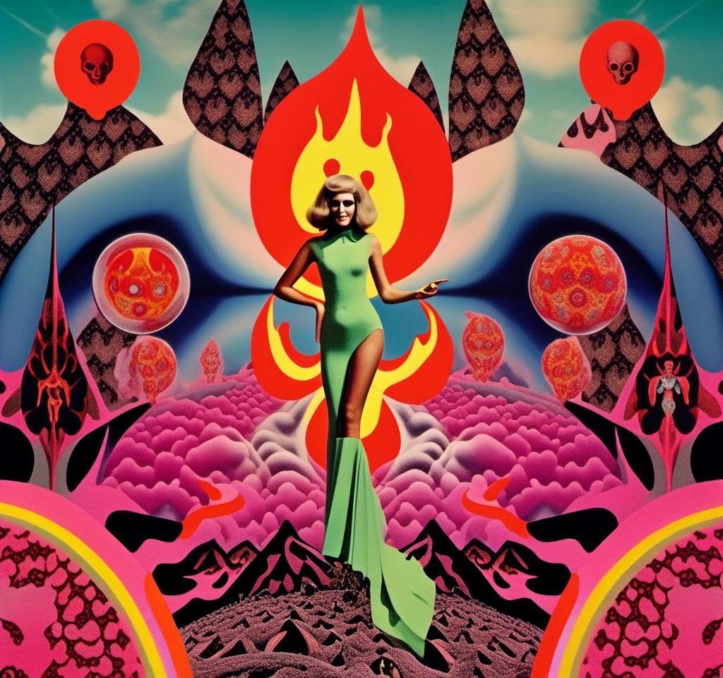 Prompt: a vintage surreal 70s psychedelic collage with the theme of hell, the fires of hell, the devil, and a succubus clothed in smoke fire and latex dancing. Utilize photography and art, trippy psychedelic patterns/optical illusions, orbs, flames, surreal hellish landscapes and geometry with a vintage 70s art house science fiction feel to this cut and paste surreal trippy collage <mymodel> 