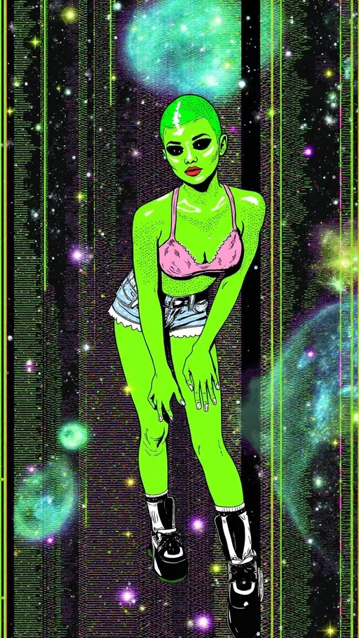 Prompt: **Prompt:**  
A green-skinned alien girl with a conical bald head and large solid black almond-shaped eyes is leaning slightly forward, her knees turned inward in a playful, mischievous pose. Her hands dangle loosely near her thighs, fingers spread casually, giving her a sassy and confident vibe. She’s dressed in a torn, neon crop top with jagged edges, fishnet stockings, and frayed, ultra-short denim shorts. Chunky platform sneakers with glowing accents complete her edgy, trashy look, and her metallic-painted nails catch the light, adding a flashy detail.  

The background is a surreal outer space scene, filled with swirling galaxies, shimmering stars, and glowing nebulae, all infused with glitching effects. Digital distortions ripple through the cosmic scene, with pixelated fragments, streaks of static, and cascading error lines blending seamlessly into the celestial environment. Bright neon colors pulse and flicker, as if the scene is part of a corrupted holographic projection. The edges of her figure glitch slightly, with parts of her blending into the swirling universe, creating a mesmerizing mix of cosmic beauty and digital chaos. The composition has a retro-futuristic, analog finish, like a distorted snapshot from a malfunctioning intergalactic feed.