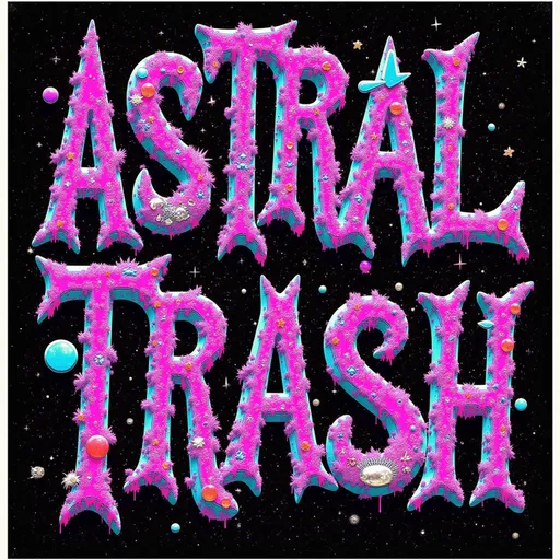 Prompt: 

The words “Astral Trash” are constructed entirely from surreal, floating fragments of cosmic debris—astral trash gathered from the deepest dream realms and psychic detritus fields. Each letter is formed from a chaotic yet beautiful mixture of discarded mystical artifacts, broken halo rings, fragments of shattered dimension-glass, tangled dreamwires, psychic crust, and iridescent wrinkled membranes.

Tiny bioluminescent spores from astral fungi drift like glowing dandruff across the scene. Letters twist with tendrils of electromagnetic ectoplasm, flickering with embedded glyphs and distorted radio signals. Glitchy patterns (moire interference, digital scanlines, and lens tears) subtly infect the forms, creating movement even in stillness.

Gem fragments (fluorite, tourmaline, obsidian, raw diamonds) are encrusted into the trash, reflecting impossible light fields. Quantum trash floats around—like flickering loops of entangled memory and Planck-scale foil wrappers. Fractal shadows stretch across space, wrapping around each glyph.

Rendered in ultra hyperrealistic, super surreal style with intense depth, microscopic texture, glowing edge lighting, and a palette of radiant neons, decayed metallics, bruised purples, and oil-slick blacks. Camera angle is slightly tilted, as if this floating text was just discovered drifting in a derelict psychic orbit.

⸻

Want it animated? Or want the trash to spell something else?
