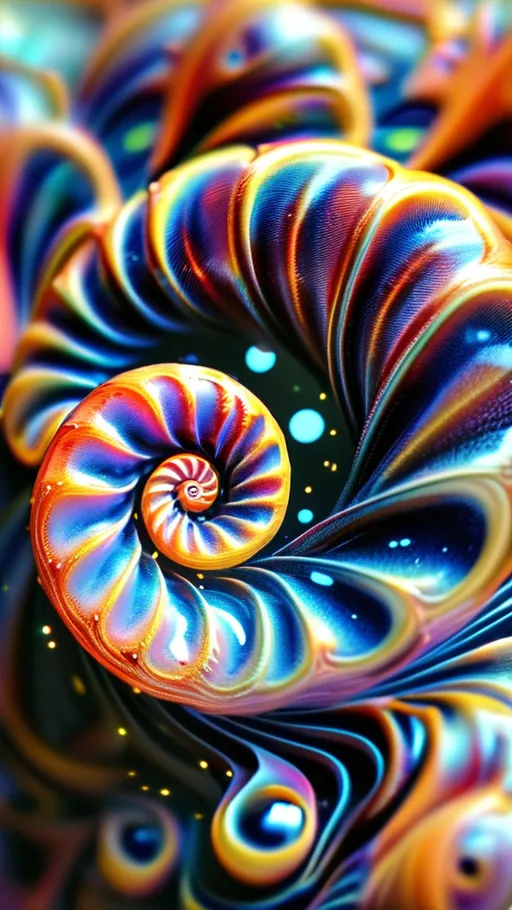 Prompt: An extremely super hyperrealistic trippy weird surreal odd scene unfolds with **Spiroloculina communis**, its spiral, nautilus-like shell with a smooth, glossy surface, floating serenely in a vibrant, cosmic sea. This delicate form twists and turns, catching the light and scattering it in iridescent patterns that dance across the scene.

Accompanying this are **Quantum Strings**, hypothetical one-dimensional "strings" that vibrate at specific frequencies, forming a web of intertwining loops and lines. These strings pulse with energy, glowing in a spectrum of colors that shift and change as they vibrate, creating a mesmerizing dance of light and form.

Adding to the spectacle are **Quantum Dots**, which hover like tiny, luminescent orbs, each emitting its own unique color. These dots flicker and pulse, casting a kaleidoscope of reflections that ripple across the scene, enhancing the dreamlike quality of the environment.

The backdrop is a swirling mass of **Quantum Entanglement**, an invisible web linking particles across vast distances, represented here as shimmering threads of light that weave through the scene, connecting the various elements in a tapestry of cosmic wonder.

Together, these elements create a vibrant, colorful, and fantastically weird landscape, inviting viewers to explore a realm where the microscopic and quantum worlds merge in an endless dance of color, light, and form.