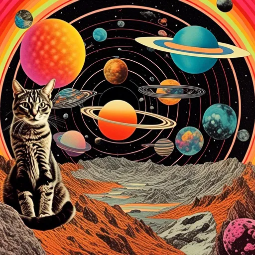 Prompt: a psychedelic collage with a vintage 70s sci-fi animation feel to it except the subject matter will be CATS IN SPACE! The collage will have elements of photography, illustration, trippy patterns and optical illusions, alien landscapes, strange trippy planets, UFOs,, meteors, all cut and spliced together in a psychedelic collage style <mymodel>