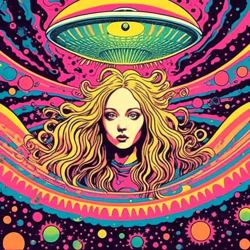 Prompt: <mymodel>Psychedelic poster art illustration of a girl with long blond curly hair getting beamed up into a flying saucer UFO, vibrant and surreal colors, trippy visual effects, detailed facial features with wide eyes and flowing hair, surreal abduction scene, high quality, vibrant colors, surreal, psychedelic, detailed facial features, poster art style, trippy visual effects, surreal abduction, vibrant and surreal colors, flowing hair, wide-eyed gaze, professional, atmospheric lighting