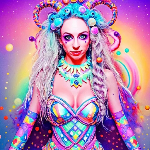 Prompt: A super hyperrealistic yet also illustrative and creative female cosmic jester, made entirely of swirling pure colored light, with long wild curly hair that appears blond but dazzles as a spectrum of hues, floats effortlessly in the heart of a kaleidoscopic nebula. Adorned in avant-garde "astral" jester's attire, her ensemble is a masterpiece of ever-shifting patterns, her definitive jester’s hat extending into infinite fractal shapes that seem to defy the laws of space. Her intricate clown makeup glows with phosphorescent neon greens, electric pinks, and ultraviolet blues, accentuating her mischievous, otherworldly charm. Around her, the stars pulse like strobes in a cosmic dance party, and she juggles shimmering orbs of liquid starlight that burst into tiny galaxies upon contact, each orb reflecting infinite multiversal possibilities. The space surrounding her vibrates with celestial harmonics, a symphony of astral wonder, while an aurora of quantum particles weaves itself into a living tapestry of harlequin diamond fractals, tiling and morphing endlessly. She sparkles and dazzles as her laughter chimes like crystalline bells, embodying the essence of cosmic whimsy and wonder, a living Möbius strip of light and joy in an infinite astral playground.