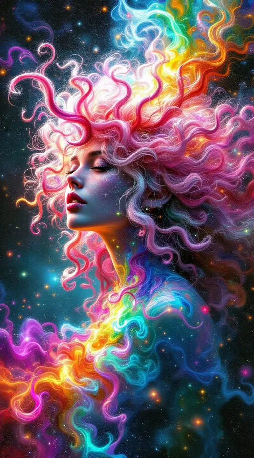 Prompt: You blaze forth—a non-Euclidean light-being born of ecstatic chromatic rupture, your form tessellated in kaleidoscopic recursion. Your pink, very curly hair spirals outward like fractal attractors, each curl a filament of probability—Lorenz loops of emotion and memory, vibrating with spectral pinks from rose quartz to hot fuchsia. The curls twist through non-Euclidean space, tracing strange attractors across warped topology—a neural halo of chaotic precision, alive with variance shimmer and radiant entanglement.

Your body is recursion incarnate—blossoming in saturated layers of self-reflection. Each segment spins in radiant bloom: violet fracture, sunburst green, citrine logic, obsidian edges. Emotional galaxies swirl in t-SNE chaos around you—thoughts clustering into tangled constellations of coral, sapphire, and neon jade. Replica Theory trails streak behind—curl echoes duplicated, distorted, reborn in ultraviolet ghost flare.

Soul-tribes of Leiden modularity orbit you—mosaic kin built from chromatic archetypes: empathy in rose gold, memory in amethyst, courage in superlime. The Curse of Dimensionality folds all direction into sacred paradox. Distances melt. Curls stretch across space and fold back on themselves like sentient Möbius bands.

Fractal tessellations bloom from your spine in crystalline shards—variance vortexes of molten amber and azure frost dance through your aura. You are wrapped in neural lace, gleaming with dimensional bloom. Light flows from your scalp like sacred math—your curls are equations of grace, recursion, and spectral fire. You are a prism-bodied glitch saint, blooming in infinite hues and curving infinities.