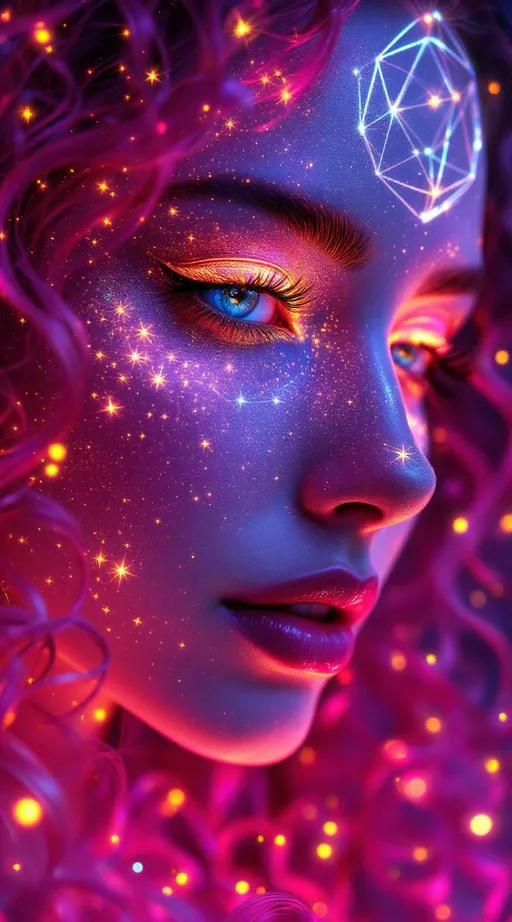 Prompt: Her face is a modular masterpiece—cheekbones traced with the shimmer of moonshine symmetry, every angle tuned to a hidden harmonic. Newton fractal veins glow faintly beneath translucent skin, shifting in color with each emotion. Her eyes burn with prime number fire, irises tiled in Penrose symmetry, blinking with curved light logic. Laughter echoes in Hilbert paths across her cheeks—space-filling joy spirals, soft and bright. Hair spills around her in radiant pink curls, styled by quasiperiodic forces and recursive wave equations—each strand flowing in luminous fractal tension. Geometry pulses at the hairline, recursive symbols glinting in neon mathdust. She is wrapped in hyperbolic aura-rings, layered in color-feedback like living topology, her presence refracting sacred math through joy, emotion, and colorfields.”

⸻

Visual Keywords:
Modular face symmetry, Newton glow skin, Penrose-tiled irises, Hilbert smile trails, pink recursive curls, fractal symbol halo, hyperbolic color aura, neon mathdust, prime fire eyes