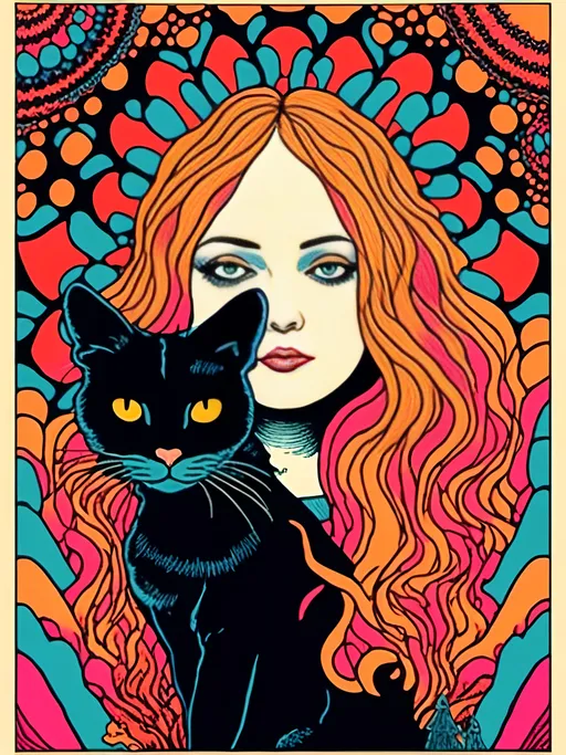 Prompt: <mymodel>Psychedelic poster illustration of a girl with long, curly blond hair, solid black cat, trippy mushrooms, vibrant colors, high-quality, poster art, surreal, detailed hair, psychedelic, detailed cat, colorful, vibrant, surreal, professional lighting