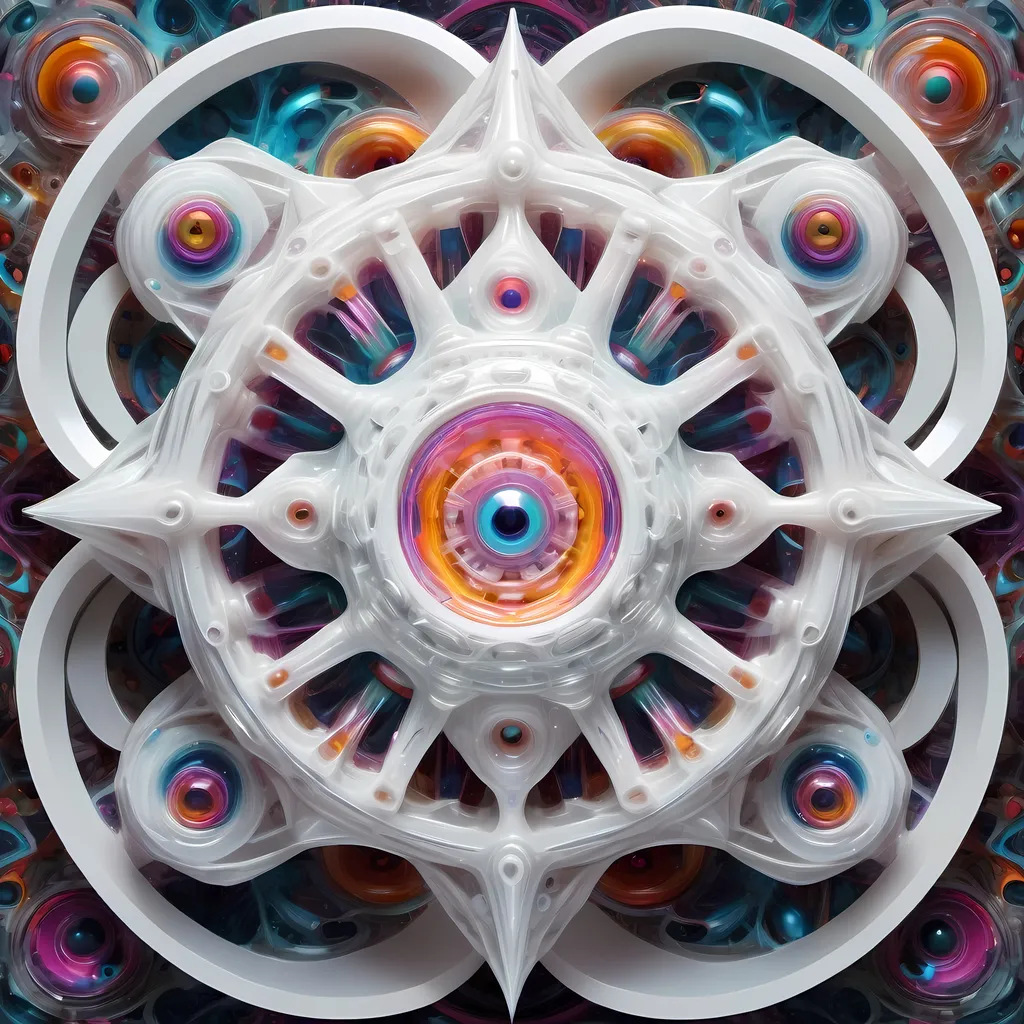 Prompt: a translucent white many sided multidimensional extra dimensional geometric shape churning through many extra dimensions etherically, covered in eyes, biological and mechanical simultaneously with random pops of brilliant vibid psychedelic color 