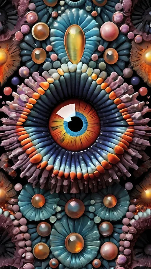 Prompt:  An extremely hyper-realistic, ultra-textural, weird, trippy, surreal, psychedelic pattern/design featuring eyes, teeth, mouths, & tongues. The design should be based on the “Mandelbrot” & “op art tiling” concepts, w/ an abundance of human eyes (crazy colorful compound psychedelic), rows of human teeth, human lips, & the elements, minerals, organisms: 
- Moonstone
- Selenite
- Labradorite
- niobium 
- potassium

**colors/lighting/Shapes/Forms/Textures**: 
- Main form: “Mandelbrot”
- Additional colors/shapes/forms/textures/arrangements determined by the natural properties/expressions of the listed elements, minerals, metals, & biological organisms. Capture their crystal structures, atomic arrangements, & natural formations. Express their raw, rough, & detailed textures, including crystal structures, surface finishes, & unique textural properties.
- Express the shapes, forms, structures, & arrangements of the listed elements, minerals, pigments, crystals, or biological organisms.
- Reflect intricate crystal structures, atomic arrangements, & natural formations.
- Integrate unique textural properties & surface characteristics into the pattern.
- Arrangement influenced by natural aggregates/combinations, creating a cohesive design.
-Intense, bright, reflective light
- Express the various lighting properties, effects, & illusions of listed elements, minerals, biological entities, & crystals.
- Capture interactions w/ light, including reflections, refractions, iridescence, & other optical phenomena. Use lighting to emphasize intricate details, textures, shapes, & forms.

