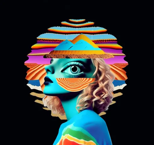 Prompt: A psychedelic collage featuring a photograph of a woman with blond curly long hair. The photo is cut and spliced with other photos - of cats, eyes, body parts, roads, landscapes, trippy optical illusion patterns, pickles, hamburgers, realistic  desert, alien  landscapes, geometric shapes etc in such a way that she has a psychedelic open third eye, in a psychedelic cut and paste collage <mymodel>