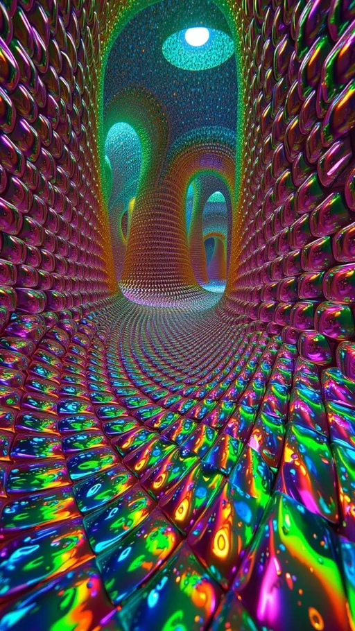 Prompt: Hyper-maximalist holographic 3D environment built from infinite hyperbolic geometry. The scene has a glowing iridescent floor of recursive tessellations, rippling with rainbow interference like liquid stained glass. Walls rise upward in curved arcs of hyperbolic tiling, bending away into infinite perspective, each surface refracting neon gradients of molten pinks, cosmic teals, radiant purples, and shimmering golds. The space folds in on itself like a higher-dimensional cathedral, corridors twisting into vanishing points that loop back in impossible symmetry. Every edge glows with crystalline prismatic light, soap-bubble films stretched across mathematical surfaces, shimmering with saturated rainbow holography. Medium: maximalist psychedelic math architecture, hyperbolic op-art holography. Lighting: luminous carnival-neon refractions, iridescent glow, infinitely recursive depth.