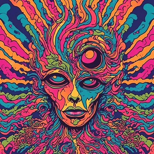 Prompt: <mymodel>El Chupacabra in psychedelic poster art style, vibrant colors, abstract patterns, high quality, detailed fur, intense gaze, mystical aura, swirling psychedelic patterns, intricate details, vibrant art style, vibrant colors, high-res, surreal lighting, professional, psychedelic art