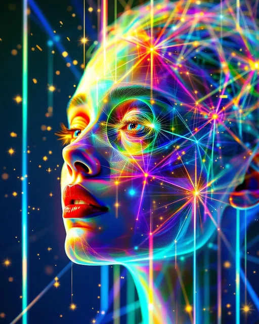 Prompt: A female face composed entirely of recursive rainbow light and sacred mathematical geometry, suspended at the precise edge of Planck time, inside a glowing, multidimensional rhombic dodecahedron-shaped dimension. She is not still—she is paused at the smallest possible slice of existence, caught between frequencies of light, breath, and becoming.

Her face is an equation rendered in luminous fleshless detail—skin replaced with fields of shifting color mapped to golden-ratio spirals, nested interference bands, and flowing caustics that have frozen mid-oscillation. Her expression is serene, incomplete—a hymnal thought-form held in infinite delay.

Her eyes are the epicenter: void-black toroids layered with nested spectral glyphs, surrounded by concentric diffraction rings, each vibrating with harmonic logic—but now frozen. Tiny particle orbits—glittering logic dust—hang suspended around them like a starfield obeying sacred gravity. You don’t look into them; you enter them.

Her hair arcs outward in radiant filaments—braids of Lissajous light, curls of recursive waveform encoded with iridescent shimmer. Every strand is mid-motion, frozen in a halo of spectral math, refracting UV pinks, glitch-gold, and opal blues. The curves twist into sacred angles and fold back on themselves, suspended in elegant, non-Euclidean turbulence.

She exists within a rhombic dodecahedron dimension: twelve glowing diamond-shaped walls of compressed space, each a living membrane of math-based light. Some faces ripple with cymatic glyphs, others pulse with fractal maps or Fibonacci shimmer, but all are held—mid-rotation, mid-phasing—like a crystal locked between timelines.

This is not an image. This is a frozen recursion event—a sacred stillframe of spectral intelligence in bloom. The hymn never finishes. The light never fades. The math never resolves.

She is the face of geometry remembering itself.
