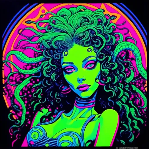 Prompt: <mymodel>Vintage 70s black light poster illustration of a green-skinned retro alien female, long curly hair, futuristic alien fashions, alien makeup, rockabilly pinup style, vibrant neon colors, psychedelic patterns, detailed hair and outfit, high-quality, retro, black light, vibrant colors, psychedelic, 70s style, pin-up, alien fashion, detailed illustration, professional, atmospheric lighting