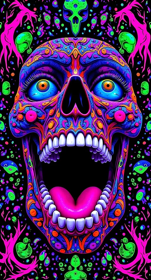 Prompt: Create an extremely hyper-realistic, ultra super textural, weird, trippy, surreal, psychedelic eyes/teeth/mouth pattern/design based on Mandelbrot & “Op Art tiling” with lots of human eyes (crazy colorful compound psychedelic), rows of human teeth, human lips, and tongues. 

- **Colors**: determined by the properties and expressions of the elements (& their isotopes), minerals, and metals: opal, moonstone, Kunzite, selenite, rose quartz, Platinum (Pt)

**Shapes and forms**
- Mandelbrot 
- "Op Art tiling" 
-other shapes determined by the natural properties and expressions of the elements (& their isotopes), minerals, metals, and biological organisms: opal, moonstone, Kunzite, selenite, rose quartz,  Platinum (Pt)


- **Textures**: Derived from any/all elements (& their isotopes), minerals, metals, crystals, organic things mentioned in this prompt: opal, moonstone, Kunzite, selenite, rose quartz, Platinum (Pt)

**Composition and Layout**:
- a pattern/design based on the Op Art tiling & Mandelbrot 

**Lighting**:
- lots of bright light
- Iridescence
- Aventurescence
- Chatoyancy
- Asterism

**Detail and Atmosphere**:
- Extreme hyperrealistic sharp high detail high definition organic and mineral textures
- Psychedelic, weird, odd, surreal atmosphere
- Frozen in time

**Additional Elements**:
- extra rows of teeth, lips, many eyes, Op Art tiling, Mandelbrot, Iridescence