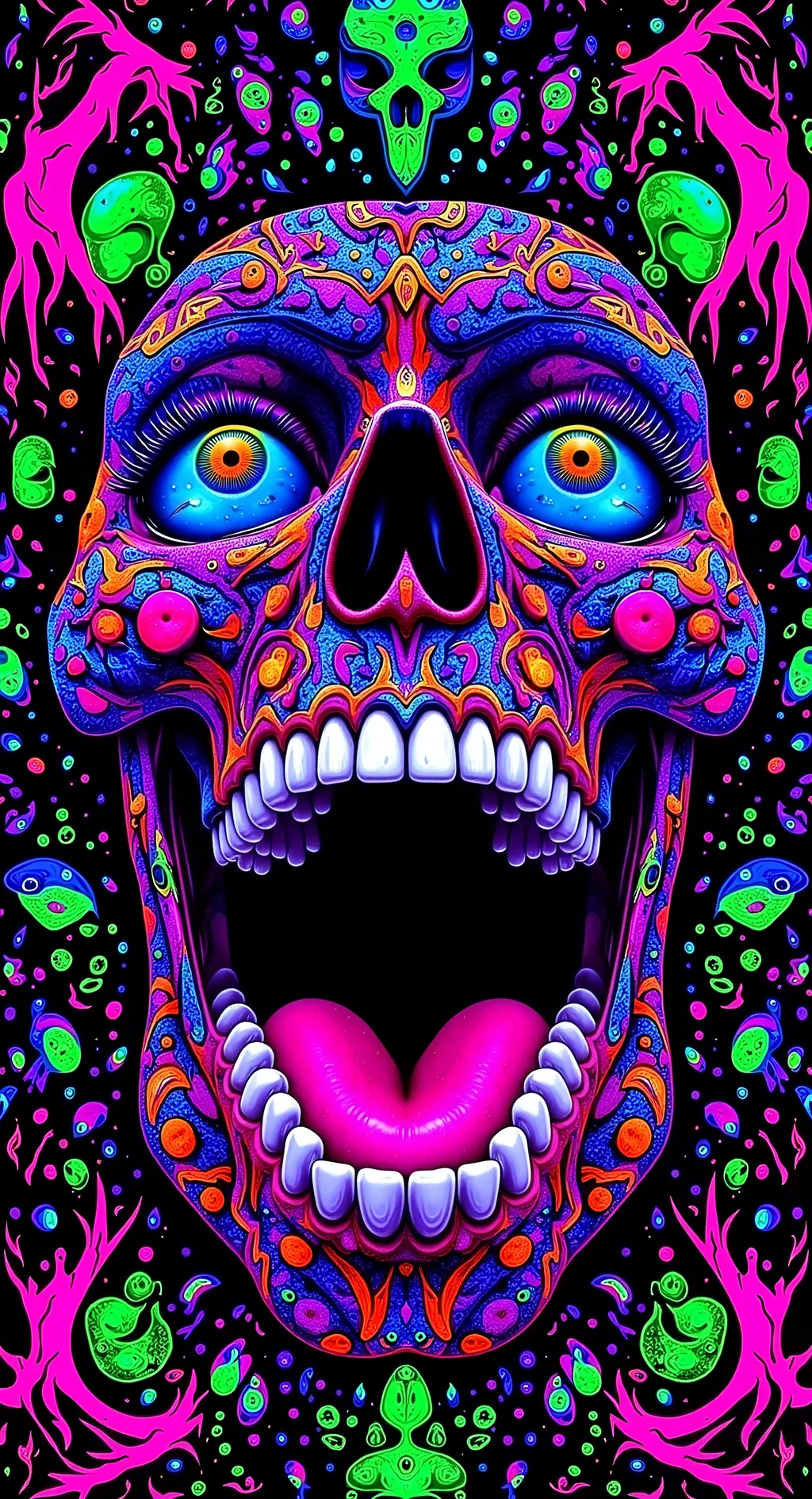 Prompt: Create an extremely hyper-realistic, ultra super textural, weird, trippy, surreal, psychedelic eyes/teeth/mouth pattern/design based on Mandelbrot & “Op Art tiling” with lots of human eyes (crazy colorful compound psychedelic), rows of human teeth, human lips, and tongues. 

- **Colors**: determined by the properties and expressions of the elements (& their isotopes), minerals, and metals: opal, moonstone, Kunzite, selenite, rose quartz, Platinum (Pt)

**Shapes and forms**
- Mandelbrot 
- "Op Art tiling" 
-other shapes determined by the natural properties and expressions of the elements (& their isotopes), minerals, metals, and biological organisms: opal, moonstone, Kunzite, selenite, rose quartz,  Platinum (Pt)


- **Textures**: Derived from any/all elements (& their isotopes), minerals, metals, crystals, organic things mentioned in this prompt: opal, moonstone, Kunzite, selenite, rose quartz, Platinum (Pt)

**Composition and Layout**:
- a pattern/design based on the Op Art tiling & Mandelbrot 

**Lighting**:
- lots of bright light
- Iridescence
- Aventurescence
- Chatoyancy
- Asterism

**Detail and Atmosphere**:
- Extreme hyperrealistic sharp high detail high definition organic and mineral textures
- Psychedelic, weird, odd, surreal atmosphere
- Frozen in time

**Additional Elements**:
- extra rows of teeth, lips, many eyes, Op Art tiling, Mandelbrot, Iridescence