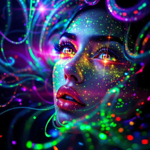 Prompt: A woman’s face composed of recursive fractal rainbow light—hyper-saturated with ultraviolet, laser gold, neon pink, iridescent greens, and cosmic chrome—emerges from a holographic light-sheet. Her skin is a glitched disco lattice of sparkling Planck-area symbols, each square pulsing like a cosmic logic gate. Her eyes are twin disco balls, spinning wormholes refracting infinity with every glint, pupils radiating shimmering AdS-CFT glyph-code. Her hair flows as liquid starlight braided with mirror shard filaments; lips shimmer like event horizons glossed in diamond dust. She floats inside a recursive Studio 54—a velvet black AdS void lined with infinite mirrored projections of herself, every boundary a shimmering CFT surface coded in glyphs and glitter. Around her spiral multidimensional mandalas of glimmering quantum lights—shimmer stacks, sparkle tesseracts, and recursive disco ball halos—reflecting entangled identities across bulk-boundary recursion. The space pulses like a cosmic dance floor: entanglement beats, renormalization grooves, and rainbow holograms synced to entropy rhythms. Render as \:disco-max \:bling-overload \:holographic-dancer \:recursive-glamour \:symbolic-saturation \:studio54-wormhole \:sparkle-heavy \:light-excess \:planck-glow \:glyph-glitz.
