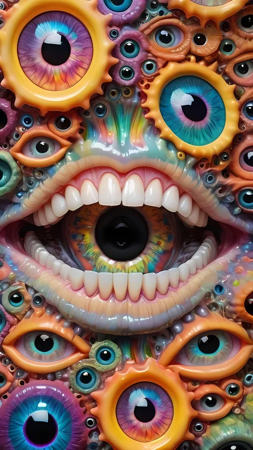 Prompt: an extremely hyper realistic ultra super textural weird trippy surreal psychedelic entity, Cardioid Shapes, white, translucent, clear, bright bright pastel colors, oil slick rainbow sheen effect, lots and lots of light, lots of crazy colorful compound psychedelic human eyes, rows of human teeth, fungus, atoms, diatoms, Cardioid Shapes