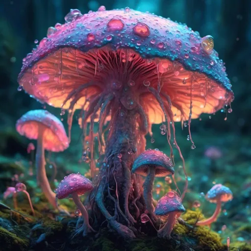 Prompt: <mymodel> an extremely hyper realistic ultra textural psychedelic fungus creature, monster, entity, head, body, limbs, eyes, chromataphors. glowing, bioluminescent, dewdrops, dew, droplets, trippy, surreal, odd, cute, small, mushrooms, mycelium, fungus, lots of light, translucent, bright pastel colors, lots of trippy psychedelic eyes, human teeth