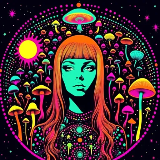 Prompt: <mymodel>Vintage 70s black light poster art illustration, girl hallucinating in space, psychedelic mushrooms, planets, moons, stars, fractals, vibrant colors, intense black light effects, detailed psychedelic girl, cosmic atmosphere, high quality, psychedelic, vintage, space, vibrant colors, fractal details, hallucination, girl illustration, retro art style, cosmic lighting