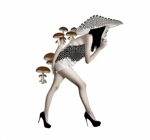 Prompt: a mixed media collage of a girl wearing or growing mushrooms/fungus as clothing body parts and accessories. She is a black and white or halftone photograph, the mushrooms and fungal growths are to be mixed media, including but not limited to paint, enamel, foils, glitter, sparkle, sequins, found objects, natural items, rhinestones etc <mymodel>