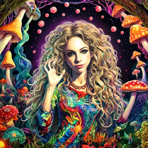 Prompt: A psychedelic trippy bright colorful vivid black light poster illustration of a girl with longish blond curly hair, with psychedelic magic mushrooms, trippy hallucinations, optical illusions and patterns, crystals, moss, forest, moon, geometry fractals