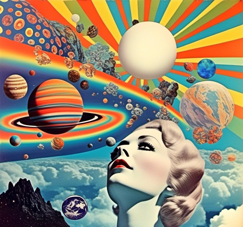 Prompt: A vintage 70s psychedelic collage with the theme “astral vacation”- incorporate themes of astral projection, the astral plane, the silver cord, use an astral brilliantly but sometimes muted opalescent color palette, & combine it all with planets, orbs, optical illusions and psychedelic trippy patterns, color spectrums as a surreal vintage psychedelic collage<mymodel>