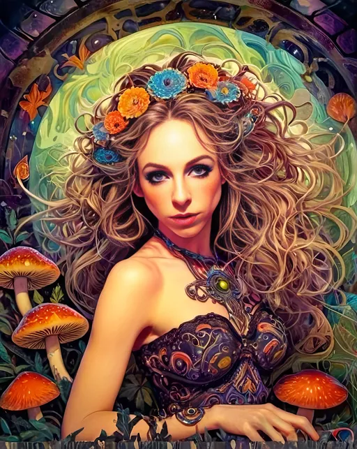 Prompt: 4k, ultra-detailed, psychedelic, trippy, bright colors, vivid, black light poster, girl with longish blond curly hair, psychedelic magic mushrooms, trippy hallucinations, optical illusions, patterns, crystals, moss, forest, moon, geometry fractals, vibrant colors, detailed hair, surreal, vibrant lighting