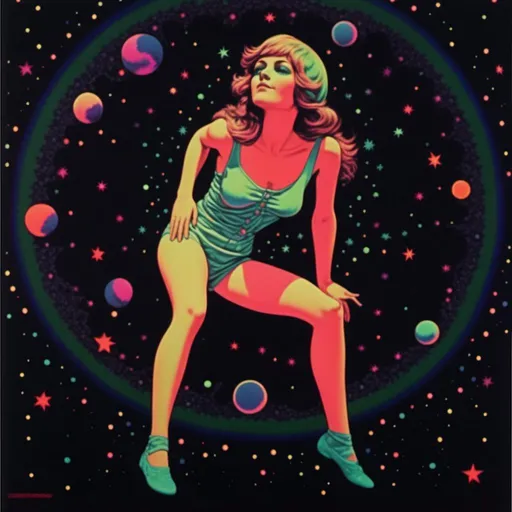 Prompt: <mymodel>Vintage 70s black light poster art illustration, girl hallucinating in space, psychedelic mushrooms, planets, moons, stars, fractals, vibrant colors, intense black light effects, detailed psychedelic girl, cosmic atmosphere, high quality, psychedelic, vintage, space, vibrant colors, fractal details, hallucination, girl illustration, retro art style, cosmic lighting