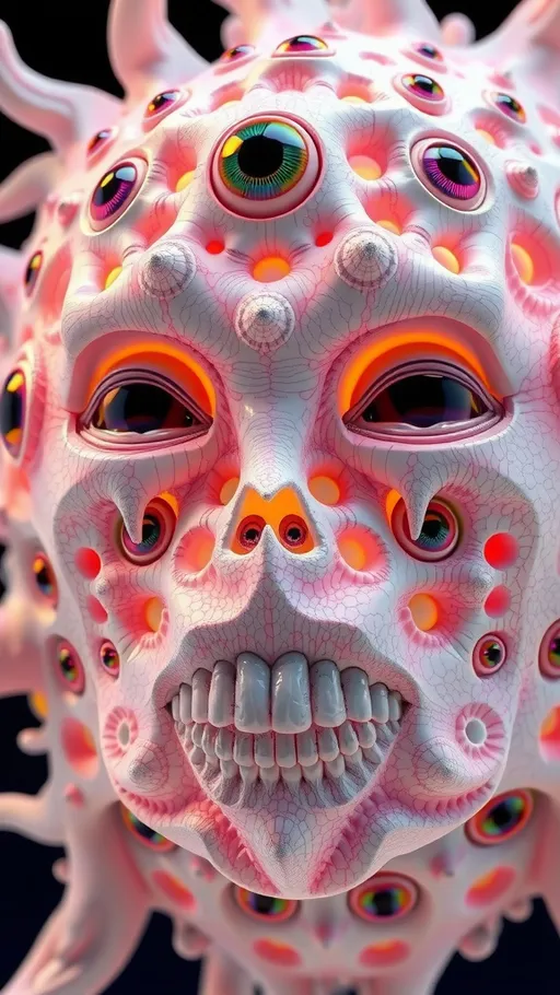 Prompt: an extremely hyper realistic ultra super textural weird trippy surreal psychedelic entity, vicsek fractals, white, translucent, clear, bright bright pastel colors, oil slick rainbow sheen effect, lots and lots of light, lots of crazy colorful compound psychedelic human eyes, rows of human teeth, fungus, atoms, diatoms, vicsek fractal