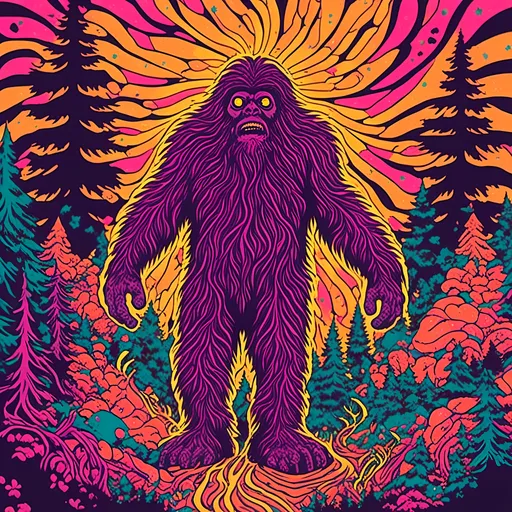 Prompt: <mymodel>Bigfoot, Sasquatch, cryptid, psychedelic poster art style, vibrant colors, swirling patterns, surreal atmosphere, high quality, detailed fur, intense gaze, forest setting, mythical creature, large scale, professional, atmospheric lighting