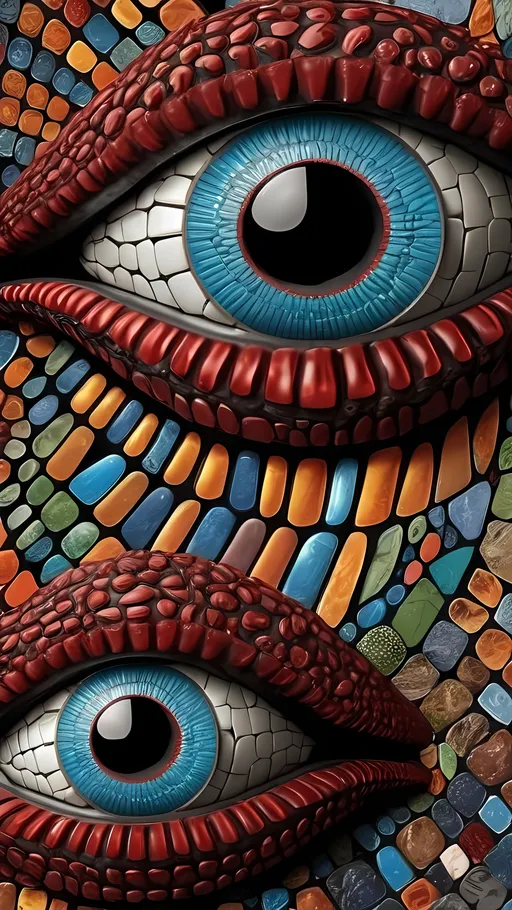 Prompt: Create an extremely hyper-realistic, ultra super textural, weird, trippy, surreal, psychedelic eyes/teeth/mouth pattern/design based on Triskelion & “Op Art tiling” with lots of human eyes (crazy colorful compound psychedelic), rows of human teeth, human lips, and tongues. 

- **Colors**: determined by the properties and expressions of the elements (& their isotopes), minerals, and metals: Tantalum (Ta), “Fusarium verticillioides”, Hematite, Crocoite, garnet, Trichroism

**Shapes and forms**
- Triskelion 
- "Op Art tiling" 
-other shapes determined by the natural properties and expressions of the elements (& their isotopes), minerals, metals, and biological organisms: diatoms, Tantalum (Ta), Hematite, Crocoite, garnet 


- **Textures**: Derived from any/all elements (& their isotopes), minerals, metals, crystals, organic things mentioned in this prompt: Tantalum (Ta), “diatoms”, Hematite, Crocoite, garnet

**Composition and Layout**:
- a pattern/design based on the Op Art tiling & Triskelion 

**Lighting**:
- Trichroism


**Detail and Atmosphere**:
- Extreme hyperrealistic sharp high detail high definition organic and mineral textures
- Psychedelic, weird, odd, surreal atmosphere
- Frozen in time

**Additional Elements**:
- extra rows of teeth, lips, many eyes, diatoms, Op Art tiling, Triskelion, Aventurescence, Chatoyancy
