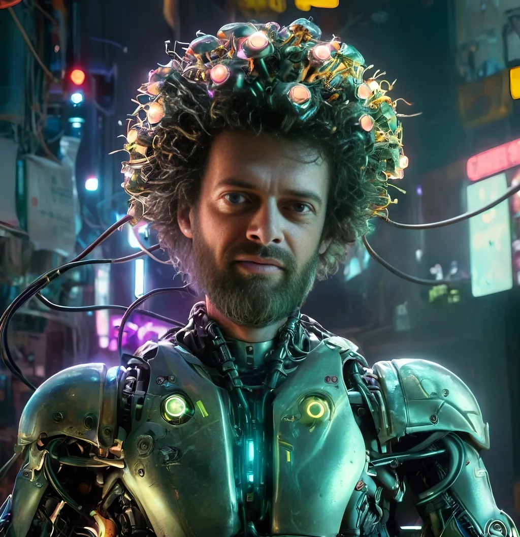 Prompt: Cybernetic Terence McKenna robot with wires and lights, futuristic cyborg with mushroom motifs, high-tech materials, neon lighting, cyberpunk, robotic mushrooms, detailed cyborg components, intense and focused gaze, best quality, cybernetic, futuristic, high-tech materials, neon lighting, robotic, detailed, mushroom motifs