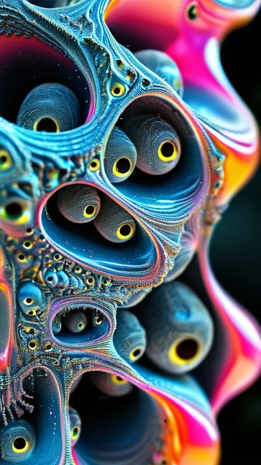 Prompt: an extremely hyper realistic ultra super textural weird trippy surreal psychedelic entity, Cardioid Curves, ,,, translucent, pearlescent finish, silver, pyrite, quartz,, clear, bright vivid teals, blues, pinks/yellows/greens, black charcoal, lots and lots of light, lots of crazy colorful compound psychedelic human eyes, rows of human teeth, fungus,  atoms, diatoms,, Cardioid Curves