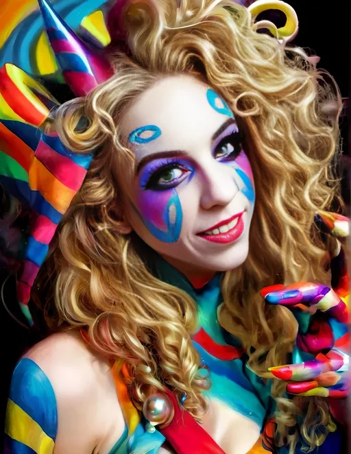 Prompt: Psychedelic hyperrealism of a female cosmic jester, long blond curly hair, vibrant psychedelic jester hat and attire and makeup, hallucinations, psilocybin, merry prankster of multidimensional geometry, tesseracts, hypercubes, trippy, highres, hyperrealism, cosmic, vibrant colors, hallucinatory, detailed makeup and attire, multidimensional, psychedelic