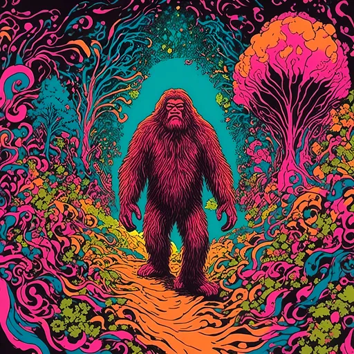 Prompt: <mymodel>Bigfoot, Sasquatch, cryptid, psychedelic poster art style, vibrant colors, swirling patterns, surreal atmosphere, high quality, detailed fur, intense gaze, forest setting, mythical creature, large scale, professional, atmospheric lighting