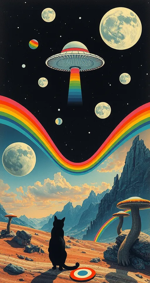 Prompt: <mymodel> Vintage 70s psychedelic surreal sci-fi Collage, analog, cut & paste, outer space, rainbows, spectrum, optical illusions/trippy patterns, surreal alien landscapes, UFOs, « little green men », psilocybin mushrooms, geometric shapes , planets, orbs, black night sky with stars, in the center, cats, 