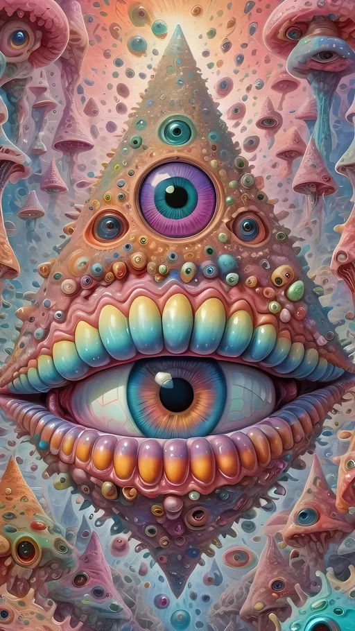 Prompt: an extremely hyper realistic ultra super textural weird trippy surreal psychedelic entity, gyroid structures, Pascal's Triangle, white, translucent, clear, bright bright pastel colors, oil slick rainbow sheen effect, lots and lots of light, lots of crazy colorful compound psychedelic human eyes, rows of human teeth, fungus, atoms, diatoms, gyroid structures, Pascal's Triangle