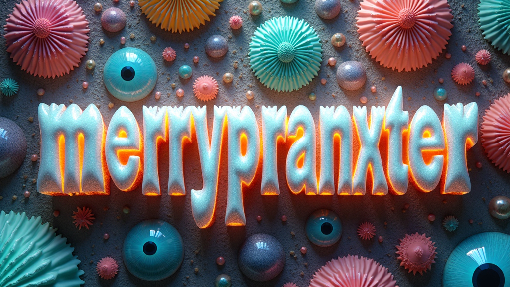 Prompt: Create the word "merrypranxter" integrated into an extremely hyper-realistic, ultra-textural, weird, trippy, surreal psychedelic scene. The text should embody Cardioid Curves with a translucent, pearlescent finish, inlaid with opal and glittering crystal accents. Surround the word with elements like silver, pyrite, and quartz, using bright, vivid teals, blues, pinks, yellows, and greens. Illuminate the scene with abundant light, featuring colorful, compound psychedelic human eyes, rows of human teeth, tongues, and elements of fungus, atoms, and diatoms. Incorporate Tessellation and Penrose tiling within the background, emphasizing extreme high definition organic and mineral textures that blend seamlessly with the text.