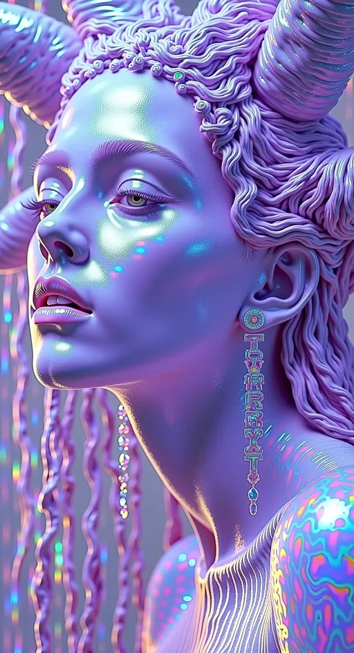 Prompt: Create a super hyperrealistic, finely detailed psychedelic Nouveau illustration of a Cosmic Jester. Feature the word MERRYPRANXTERworked organically into the background somehow.  This enchanting character is a merry prankster of the cosmos, an astral jokester dancing through time and space. She exudes a jester vibe, wearing feminine holographic jester attire & makeup with a feminine, harlequin twist. Not human, but humanoid, she is crafted from vibrant colored light, embodying an extra-dimensional extraterrestrial essence. Her presence is a beacon of joy, as she laughs and twirls through the cosmic astral realms, elevating vibes wherever she roams. 

Her beauty is otherworldly, with long, curly hair that shimmers like a cascade of colored light, appearing blonde yet transcending earthly hues. Her eyes sparkle with mischievous wisdom, and her attire is a dazzling array of intricate patterns and swirling colors, reminiscent of both jester garb and celestial phenomena.

Incorporate the text "the merrypranxter" above her in smaller, elegant lettering, seamlessly blending into the cosmic background. This text should capture the essence of her playful spirit, as if it were a whisper from the universe itself. The illustration should radiate her vibrant energy, portraying her as a timeless wanderer spreading joy and wonder throughout the cosmos.