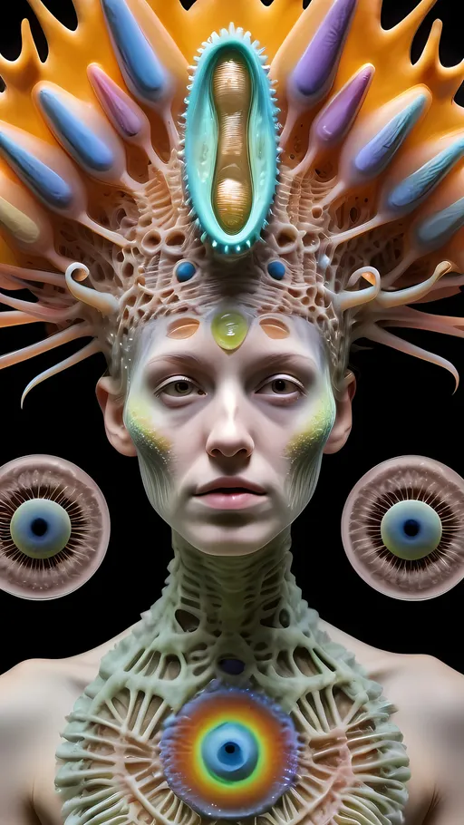 Prompt: Extremely hyperrealistic ultra textural trippy surreal beautiful but odd unsettling psychedelic creature- a psychedelic diatomaceous creature entity king crown jewelry cape with lots of crazy psychedelic human compound eyes, rows upon rows of human teeth.  head, face, body, limbs, fungus, Mandelbrot, oil slick rainbow sheen effect, holographic, hologram, translucent, vivid colors white, tons and tons of light, bright pastel colors, Gyroid Structures. Diatoms: bacillariophyta, siliceous, valves, girdle bands, raphe, striae, puncta, areolae, costae, rimoportula, fultoportula, chloroplasts, auxospore, epitheca, hypotheca, mucilage, frustule symmetry, valve morphology, pennate diatoms, centric diatoms, motile, non-motile, biofilm, epiphytic, epilithic, epipsammic, biogenic silica, diatomaceous earth, primary producers, carbon fixation, biogeochemical cycles, diatom blooms, paleoecology, nanostructures, microalgae, environmental indicators, aquatic ecosystems. geometric, symmetrical, radial, bilateral, elongated, circular, triangular, oval, star-shaped, pennate, centric, intricate, lattice-like, perforated, silica, frustules, ornate, microscopic, diverse, varied, delicate, transparent, golden-brown, pillbox-shaped, chain-forming, solitary, colonial, planktonic, benthic,