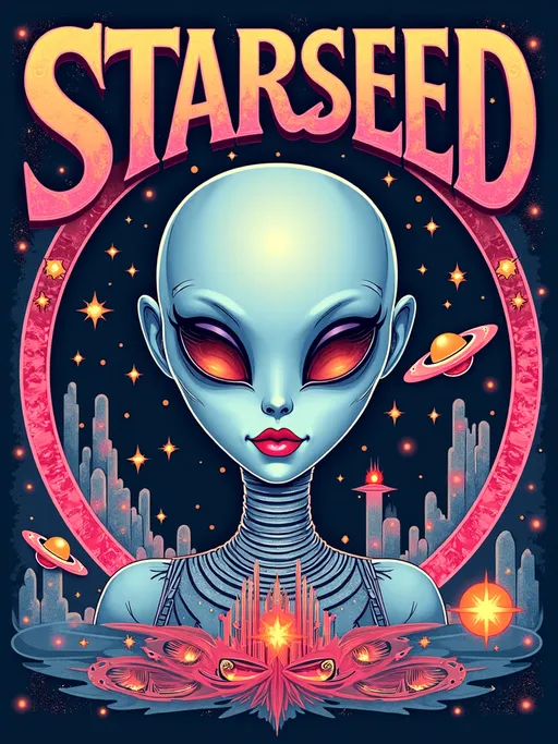 Prompt: Text - STARSEED - in a cursive hand drawn decorative art nouveau organic script style- Design 3 color a pop art nouveau t-shirt featuring a Lisa Frank-inspired 80s glam futuristic alien woman, limited to four vibrant colors. The central figure should be an alien woman with a classic 'gray' alien appearance—big pointed head and large solid dark almond-shaped solid colored dark shining eyes—styled with glamorous 80s fashion elements. Use bright, bold colors typical of Lisa Frank, incorporating metallic and neon hues to emphasize the futuristic theme. Surround her with whimsical elements like stars, planets, galaxies, and UFOs, all infused with a pop art nouveau flair. Add details such as sparkling jewelry, bold makeup, and flowing hair, reminiscent of 80s glam. The design should be eye-catching and energetic, blending the playful essence of Lisa Frank with the elegance of art nouveau, perfect for a standout t-shirt.