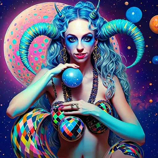 Prompt: A super hyperrealistic yet also illustrative and creative female cosmic jester, made entirely of swirling pure colored light, with long wild curly hair that appears blond but dazzles as a spectrum of hues, floats effortlessly in the heart of a kaleidoscopic nebula. Adorned in avant-garde "astral" jester's attire, her ensemble is a masterpiece of ever-shifting patterns, her definitive jester’s hat extending into infinite fractal shapes that seem to defy the laws of space. Her intricate clown makeup glows with phosphorescent neon greens, electric pinks, and ultraviolet blues, accentuating her mischievous, otherworldly charm. Around her, the stars pulse like strobes in a cosmic dance party, and she juggles shimmering orbs of liquid starlight that burst into tiny galaxies upon contact, each orb reflecting infinite multiversal possibilities. The space surrounding her vibrates with celestial harmonics, a symphony of astral wonder, while an aurora of quantum particles weaves itself into a living tapestry of harlequin diamond fractals, tiling and morphing endlessly. She sparkles and dazzles as her laughter chimes like crystalline bells, embodying the essence of cosmic whimsy and wonder, a living Möbius strip of light and joy in an infinite astral playground.