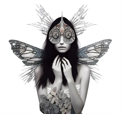 Prompt: a photograph of a woman (color or black and white) with multimedia elements added to create the appearance that she is a beautiful intricate moth, with moth wings and antennae created from paint, paper, photos, glitter, iridescent enamels, nail polish, rhinestones, thread and string, fabric, folded paper etc<mymodel>