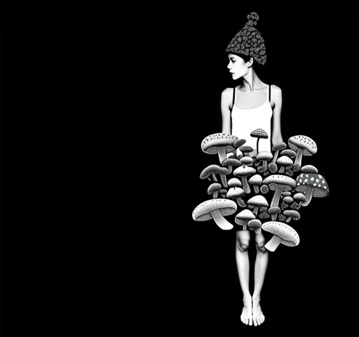 Prompt: a mixed media collage of a girl wearing or growing mushrooms/fungus as clothing body parts and accessories. She is a black and white or halftone photograph, the mushrooms and fungal growths are to be mixed media, including but not limited to paint, enamel, foils, glitter, sparkle, sequins, found objects, natural items, rhinestones etc <mymodel>