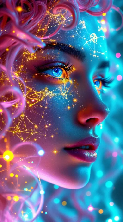 Prompt: Her face is a modular masterpiece—cheekbones traced with the shimmer of moonshine symmetry, every angle tuned to a hidden harmonic. Newton fractal veins glow faintly beneath translucent skin, shifting in color with each emotion. Her eyes burn with prime number fire, irises tiled in Penrose symmetry, blinking with curved light logic. Laughter echoes in Hilbert paths across her cheeks—space-filling joy spirals, soft and bright. Hair spills around her in radiant pink curls, styled by quasiperiodic forces and recursive wave equations—each strand flowing in luminous fractal tension. Geometry pulses at the hairline, recursive symbols glinting in neon mathdust. She is wrapped in hyperbolic aura-rings, layered in color-feedback like living topology, her presence refracting sacred math through joy, emotion, and colorfields.”

⸻

Visual Keywords:
Modular face symmetry, Newton glow skin, Penrose-tiled irises, Hilbert smile trails, pink recursive curls, fractal symbol halo, hyperbolic color aura, neon mathdust, prime fire eyes