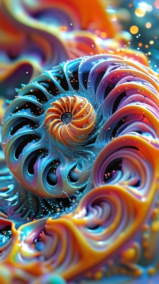 Prompt: An extremely super hyperrealistic trippy weird surreal odd scene unfolds with **Spiroloculina communis**, its spiral, nautilus-like shell with a smooth, glossy surface, floating serenely in a vibrant, cosmic sea. This delicate form twists and turns, catching the light and scattering it in iridescent patterns that dance across the scene.

Accompanying this are **Quantum Strings**, hypothetical one-dimensional "strings" that vibrate at specific frequencies, forming a web of intertwining loops and lines. These strings pulse with energy, glowing in a spectrum of colors that shift and change as they vibrate, creating a mesmerizing dance of light and form.

Adding to the spectacle are **Quantum Dots**, which hover like tiny, luminescent orbs, each emitting its own unique color. These dots flicker and pulse, casting a kaleidoscope of reflections that ripple across the scene, enhancing the dreamlike quality of the environment.

The backdrop is a swirling mass of **Quantum Entanglement**, an invisible web linking particles across vast distances, represented here as shimmering threads of light that weave through the scene, connecting the various elements in a tapestry of cosmic wonder.

Together, these elements create a vibrant, colorful, and fantastically weird landscape, inviting viewers to explore a realm where the microscopic and quantum worlds merge in an endless dance of color, light, and form.